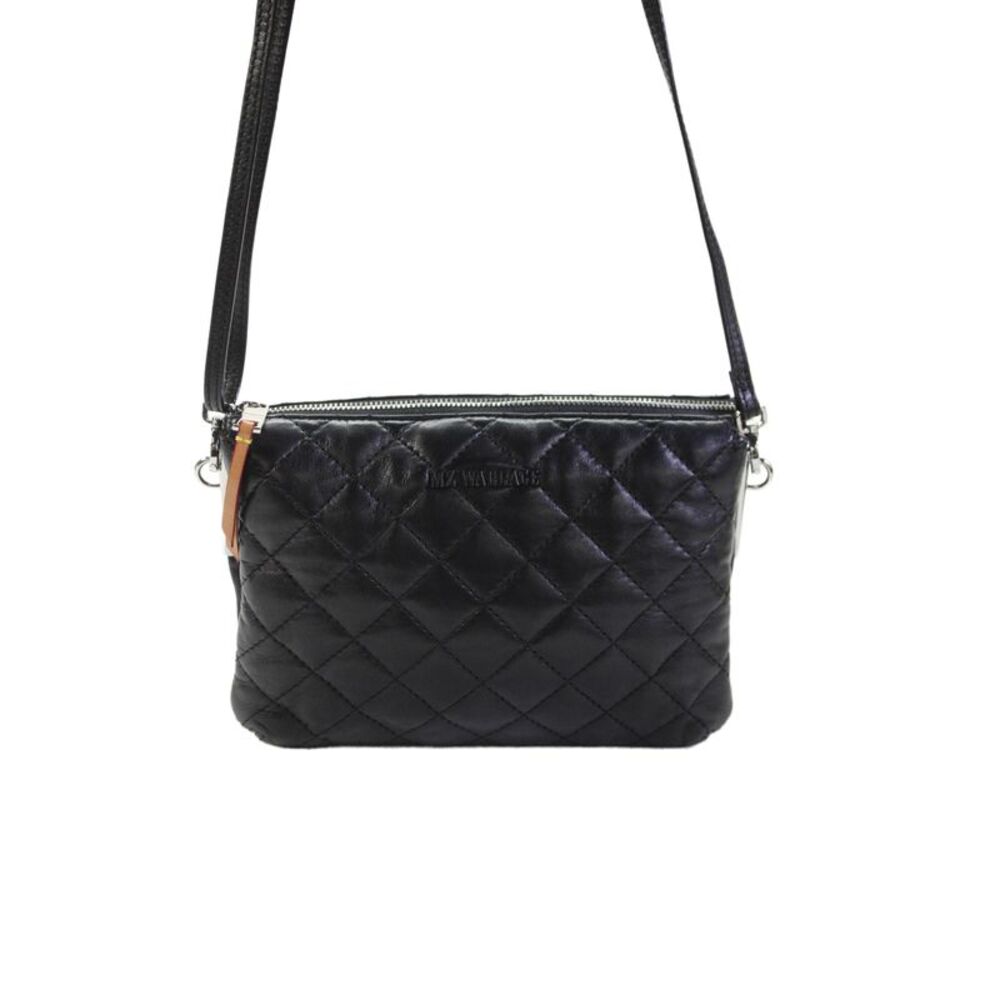 MZ Wallace Womens Leather Quilted Texture Shoulder Handbag Black